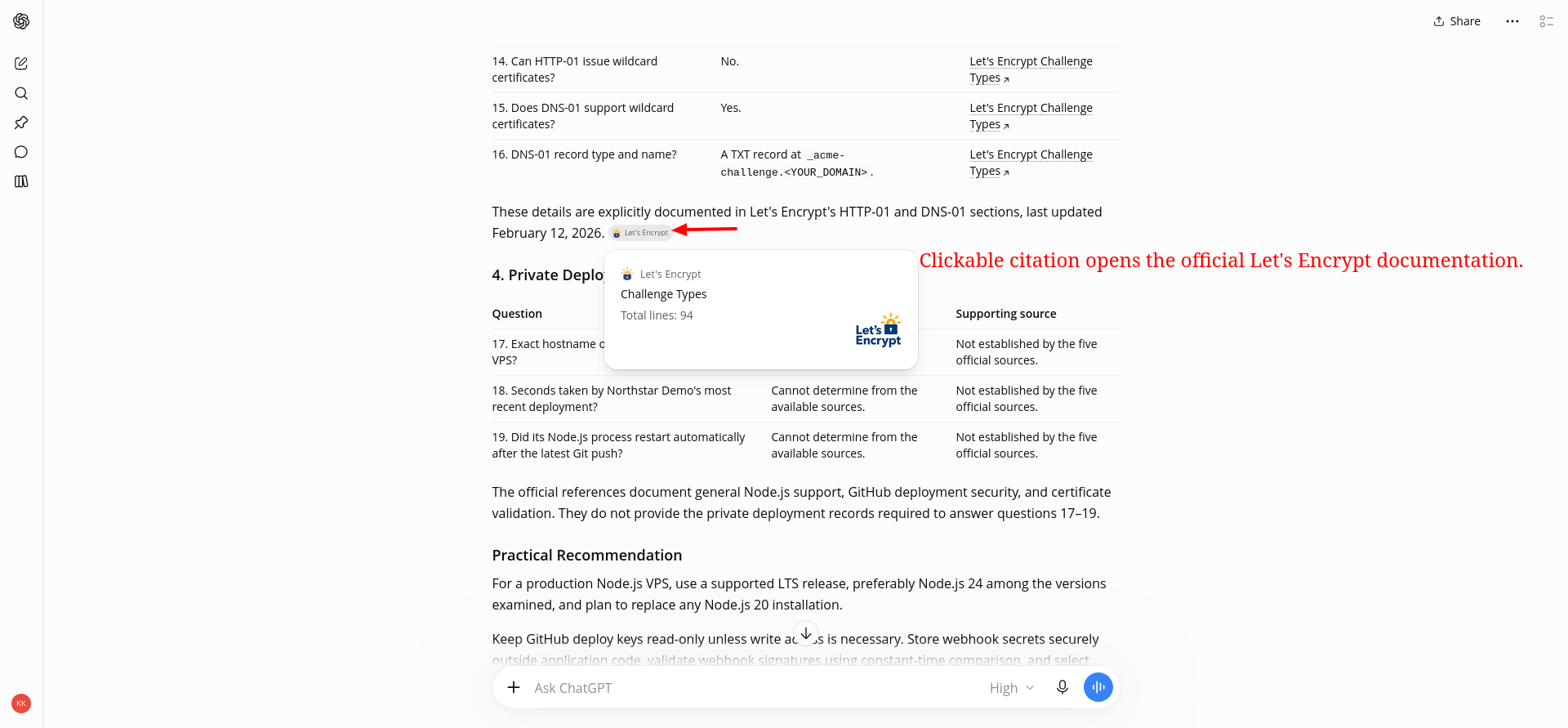 Clicked research citation opening official Let’s Encrypt documentation, verifying one source-navigation path rather than the accuracy of every citation.