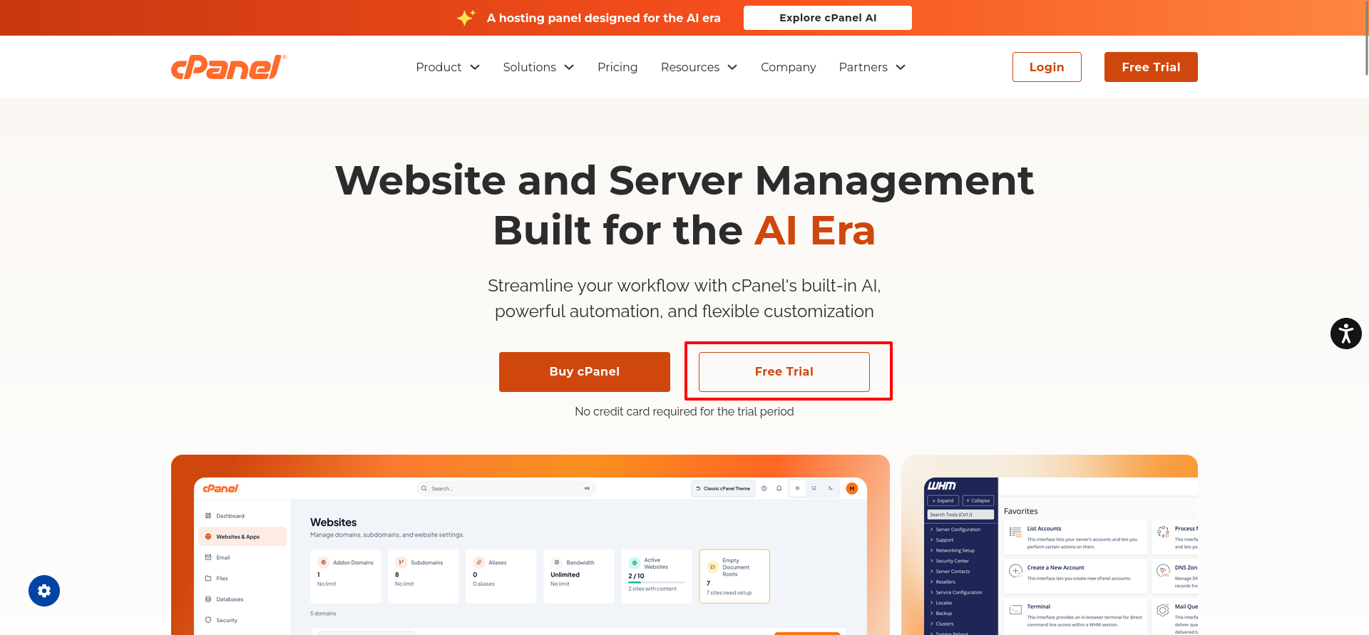 cPanel homepage showing the Free Trial button beside Buy cPanel, the no-credit-card message, and previews of the cPanel and WHM interfaces.