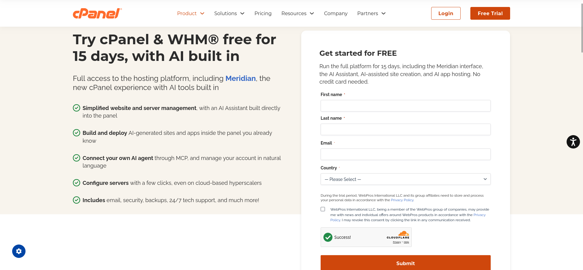 cPanel's 15-day trial signup page listing Meridian and AI features beside the registration fields and a no-credit-card promise.