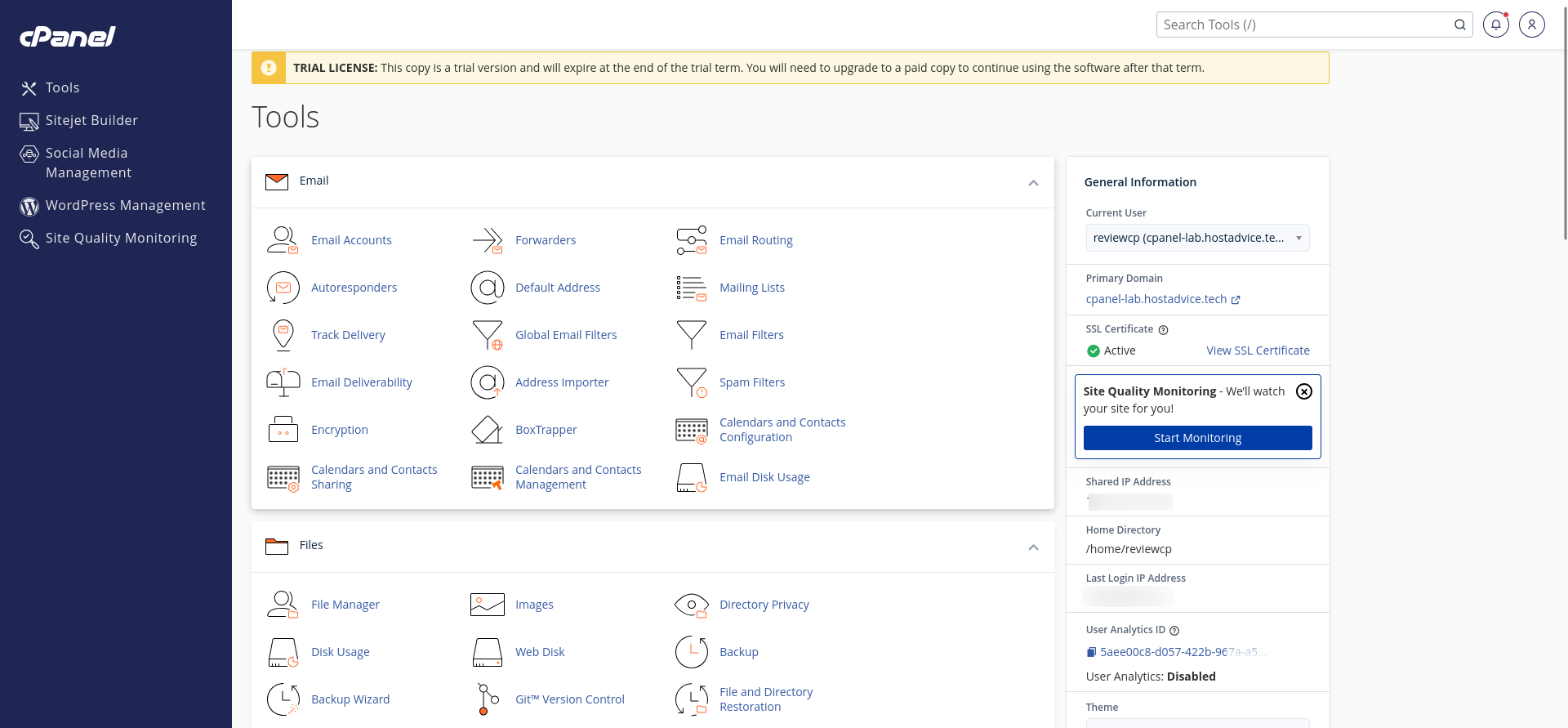 New reviewcp cPanel account dashboard in the Jupiter theme, showing grouped email, file, database, domain, and security tools alongside account statistics.