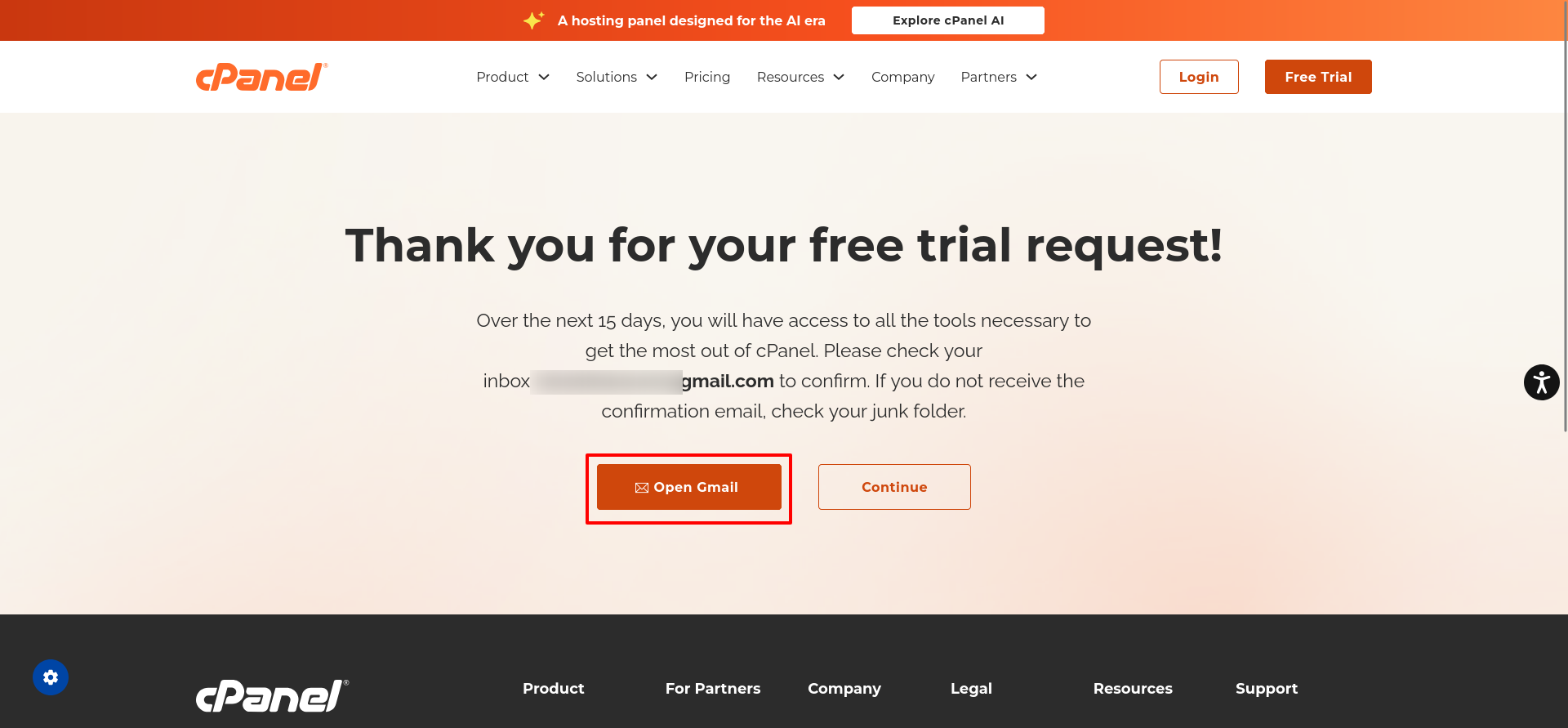 cPanel trial request confirmation page asking the user to check Gmail to verify the registration.