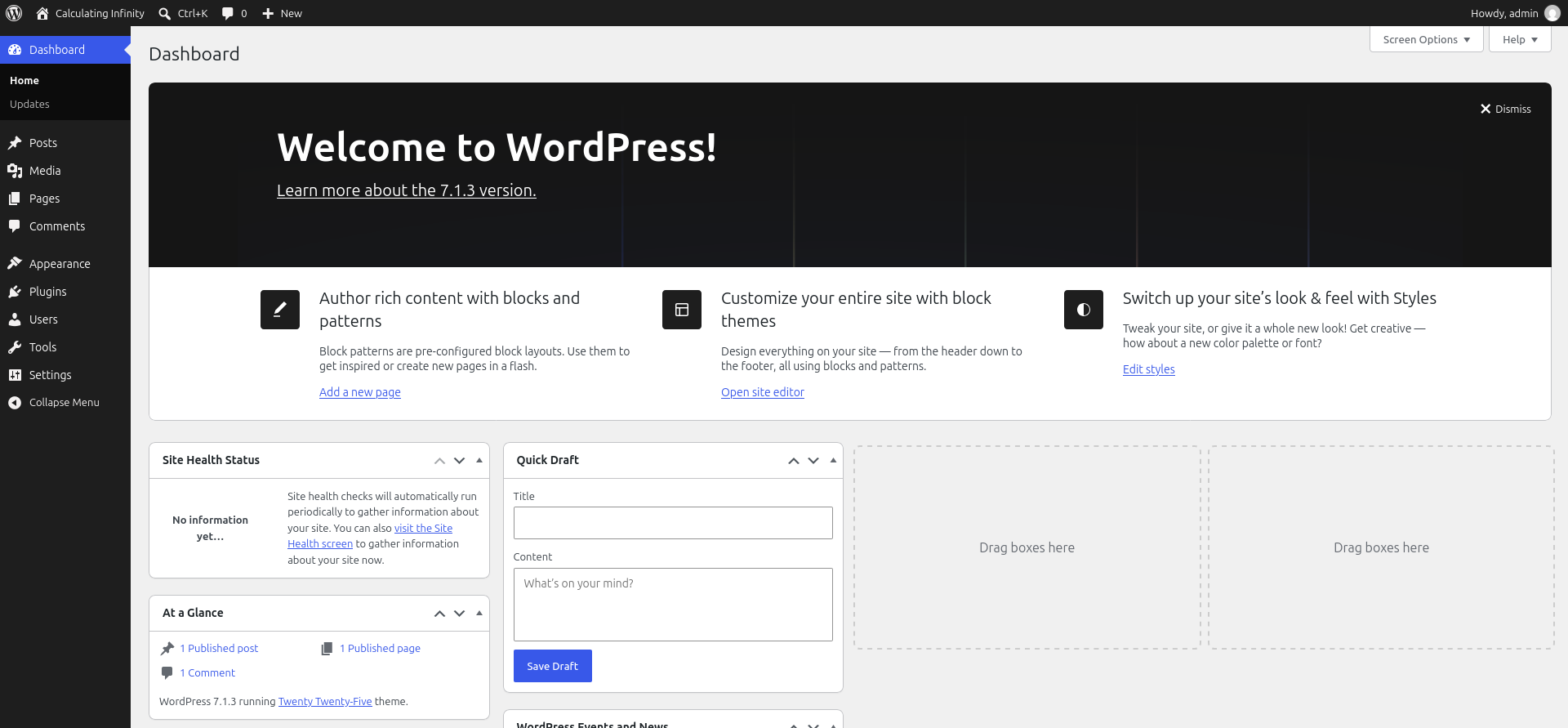 Accessible WordPress administrator dashboard showing the welcome panel after WP Toolkit installed the test website.