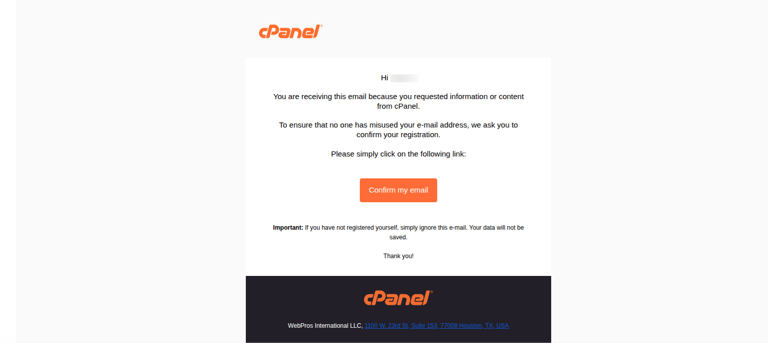 cPanel verification email showing the Confirm my email button and explanatory registration text.