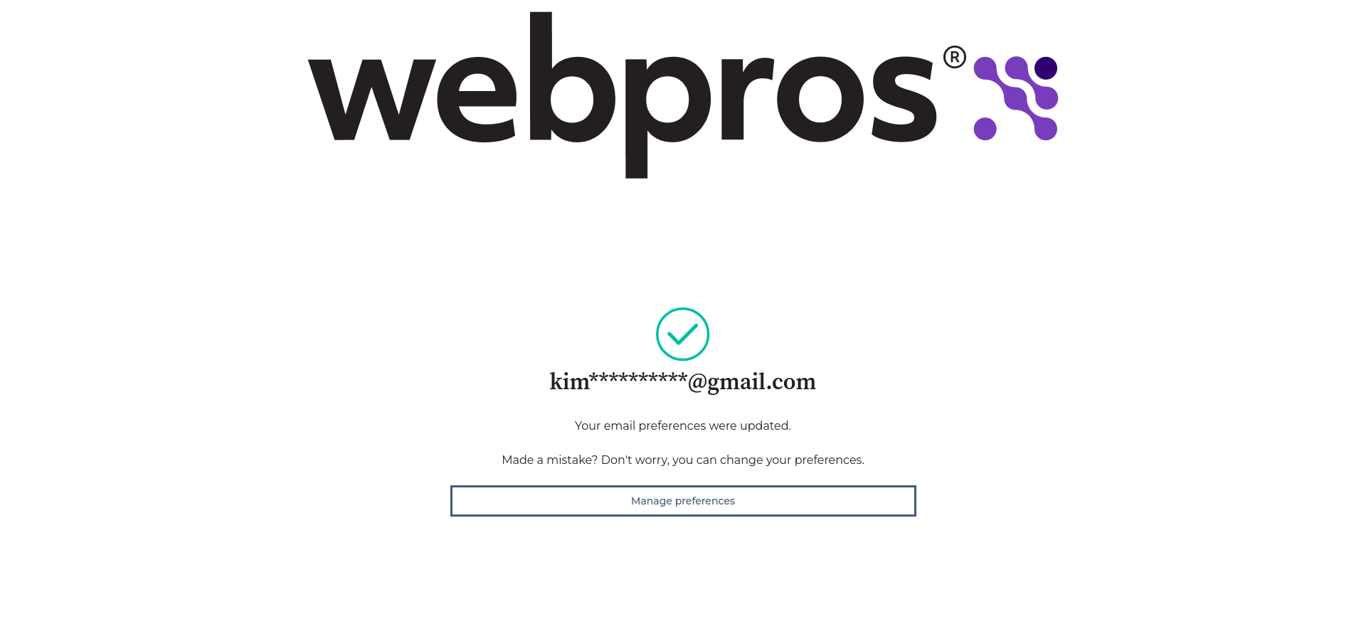 WebPros confirmation screen stating that email preferences were updated, without explicitly confirming trial license activation.