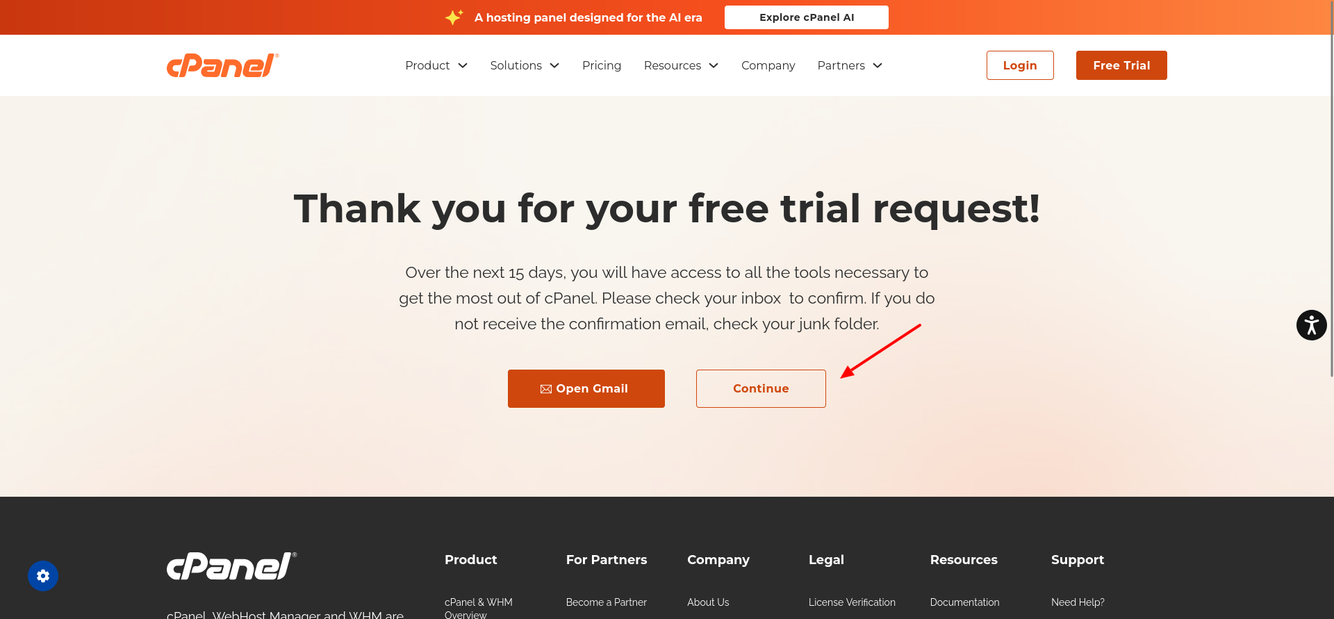 cPanel thank-you page continuing to display the registration confirmation message and a Continue button.