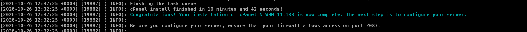 cPanel & WHM terminal installer confirming version 11.138 and successful completion in 10 minutes 42 seconds on the Hostinger VPS.