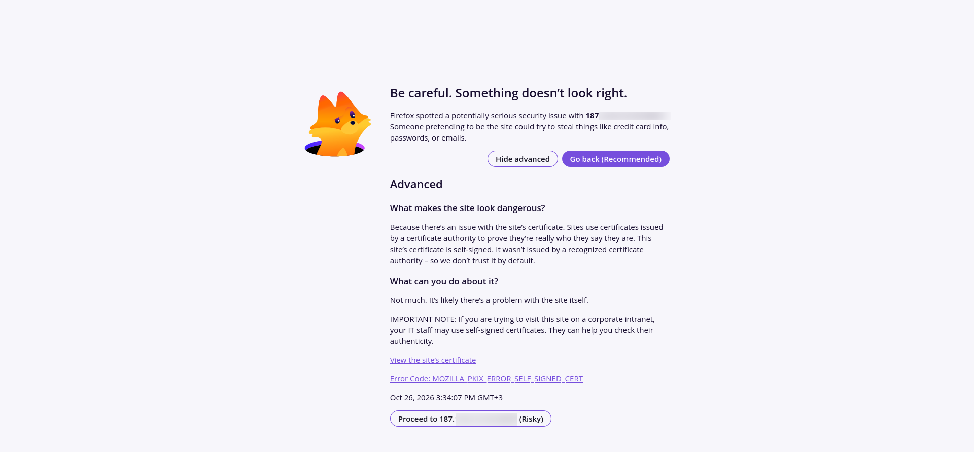 Firefox displaying a self-signed certificate warning when accessing the new WHM installation through the VPS public IP address.