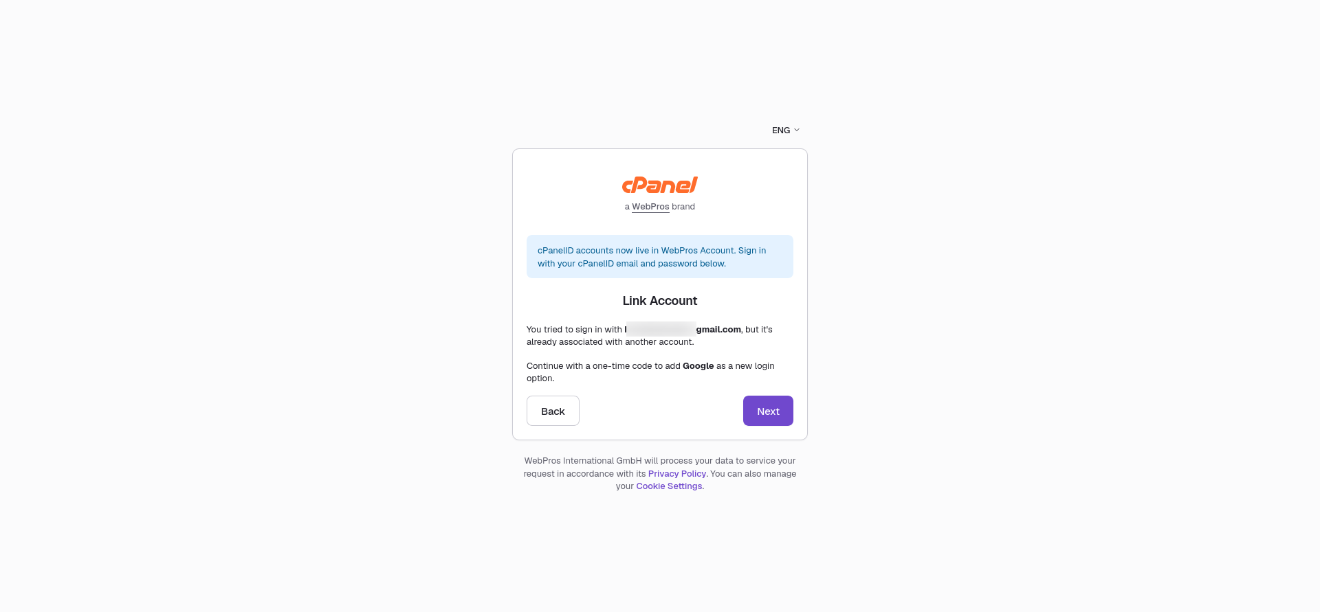 WebPros Link Account screen explaining that the Google email was already associated with another account and requesting a one-time code to connect the login method.
