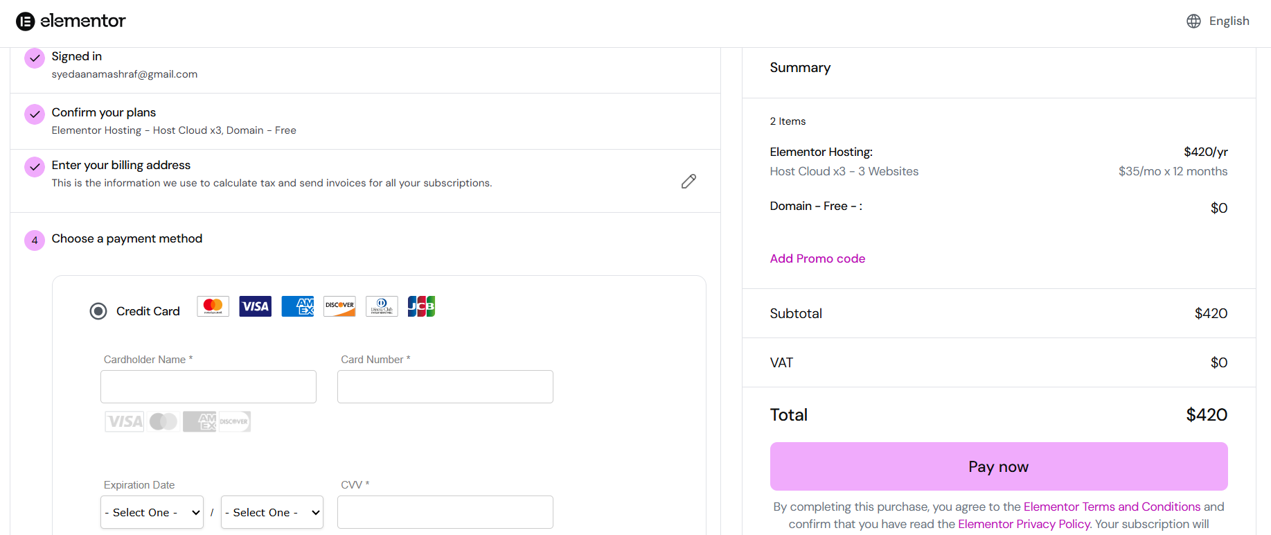 Elementor checkout page with order summary and promo code option