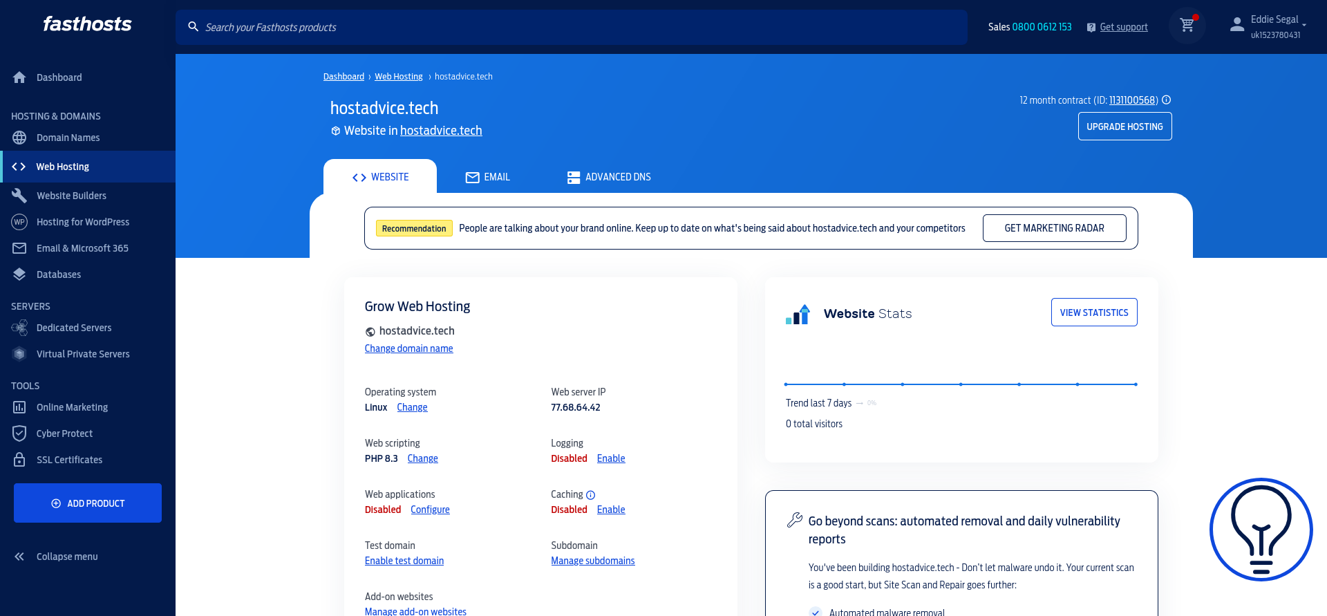 Fasthosts Grow Web Hosting control panel for hostadvice.tech showing website, email, DNS, PHP, storage, SSL and mailbox warnings, management tools, and paid add-ons.