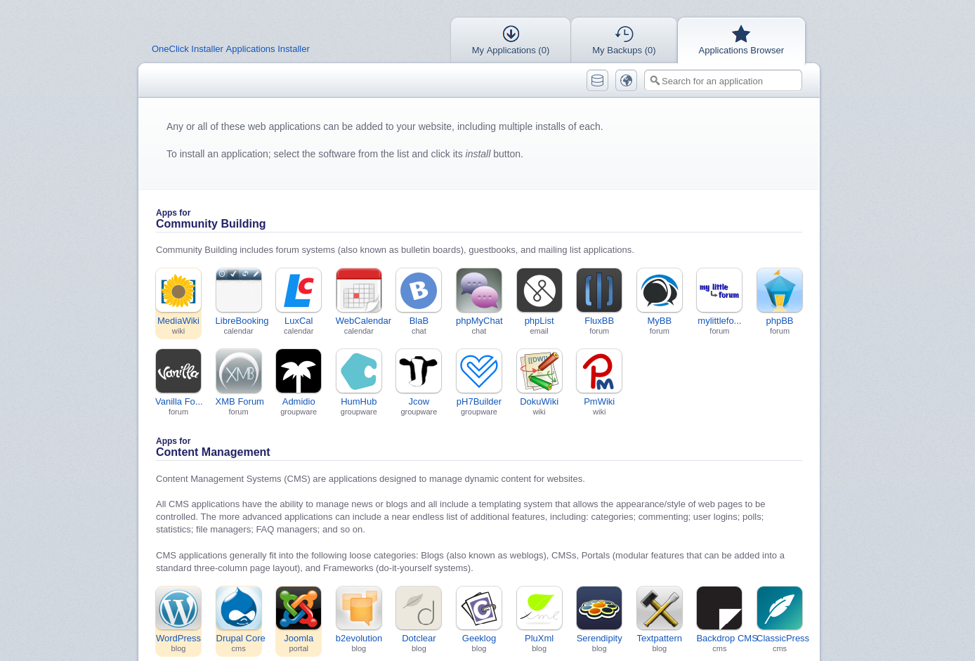 Fasthosts OneClick Installer application browser showing WordPress among content management apps and additional software categories.