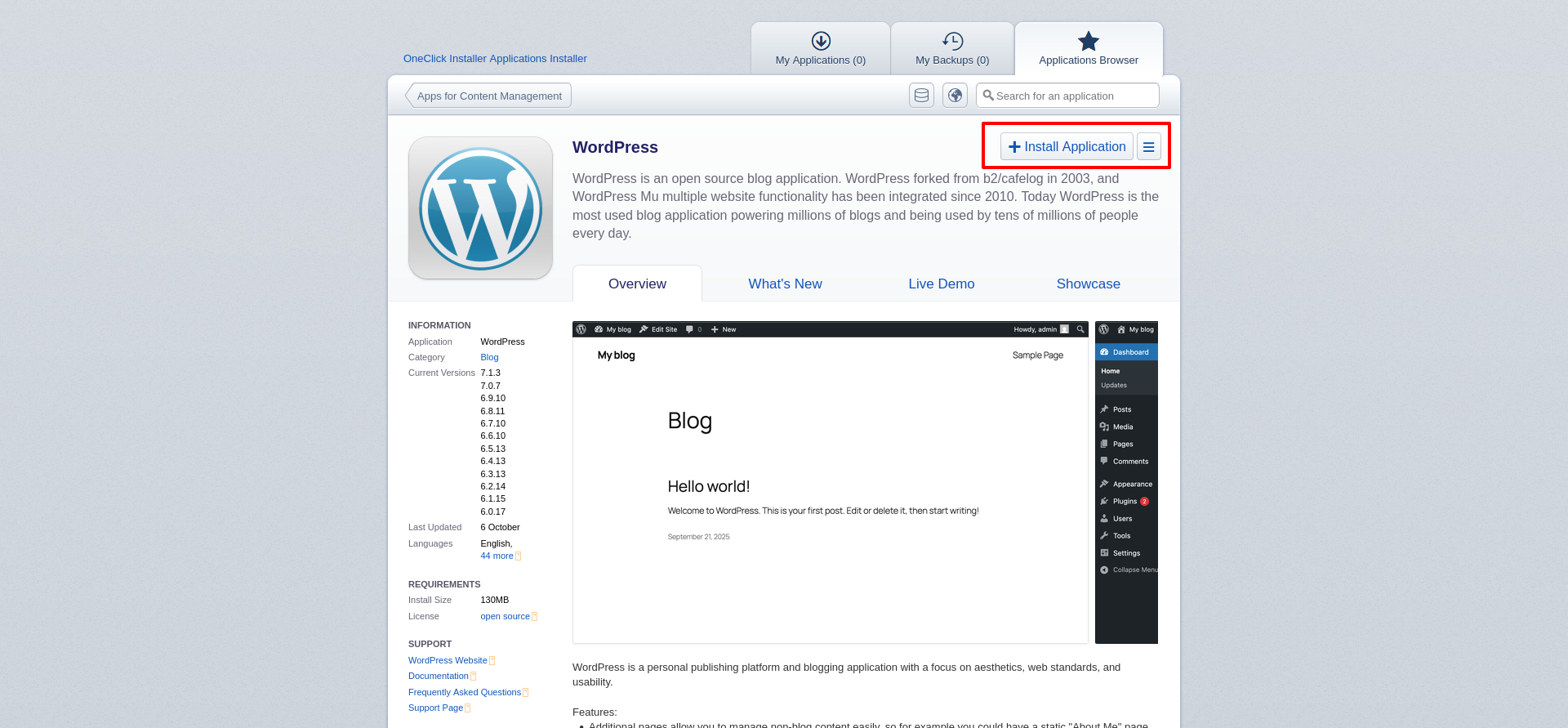 Fasthosts WordPress OneClick Installer overview and installation options before setting up the site.