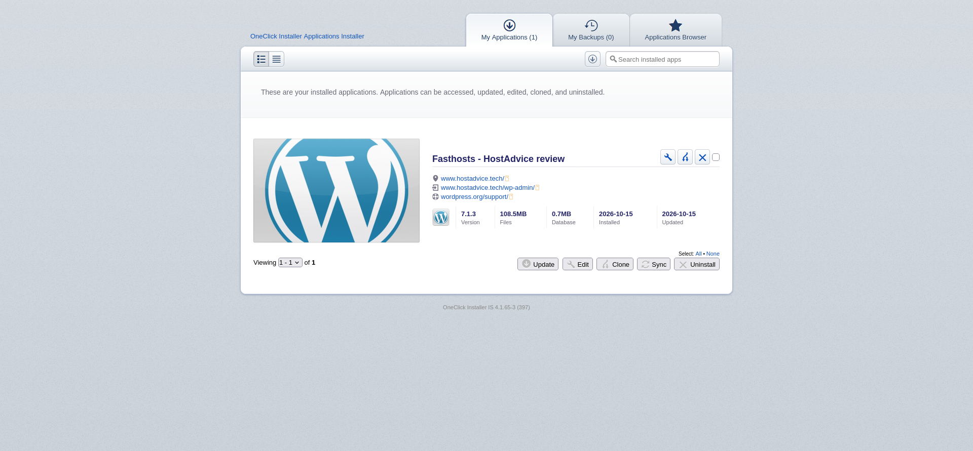 Fasthosts OneClick Installer My Applications screen showing the completed WordPress 7.1.3 installation, website and admin links, and management actions.