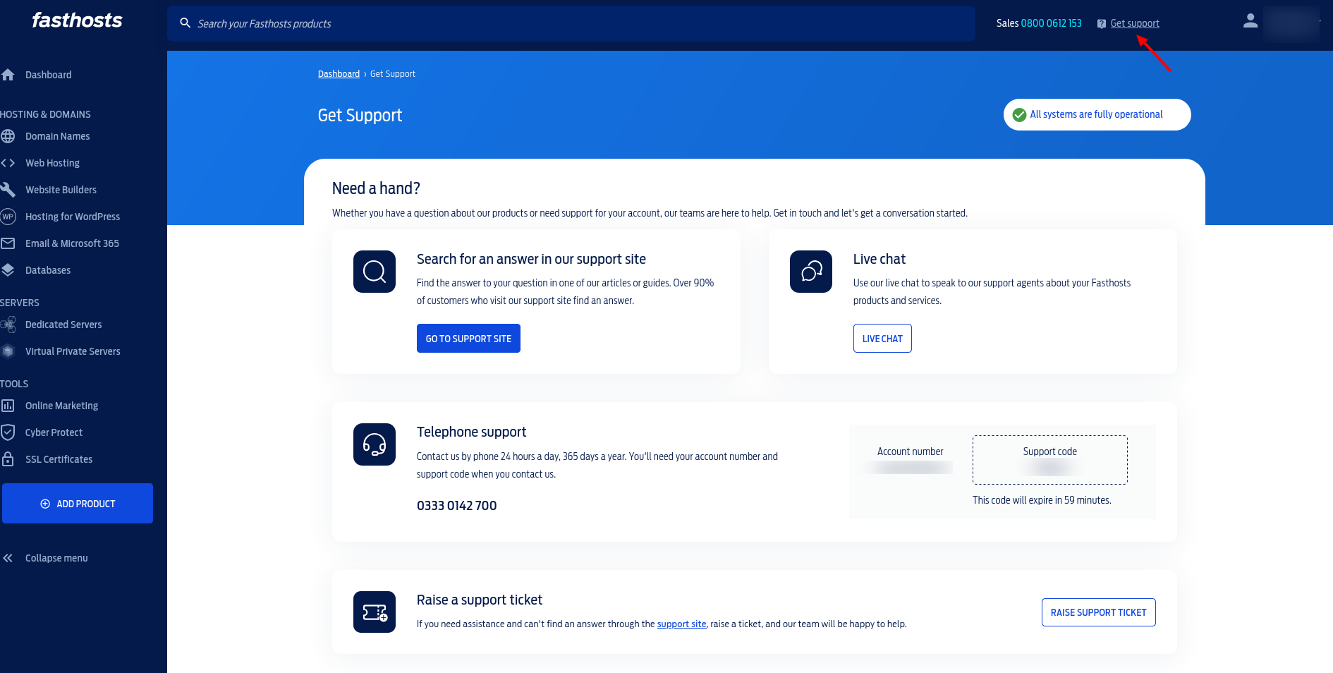 Fasthosts Get Support dashboard showing help articles, live chat, 24/7 telephone support, ticket submission, and a system-status indicator.