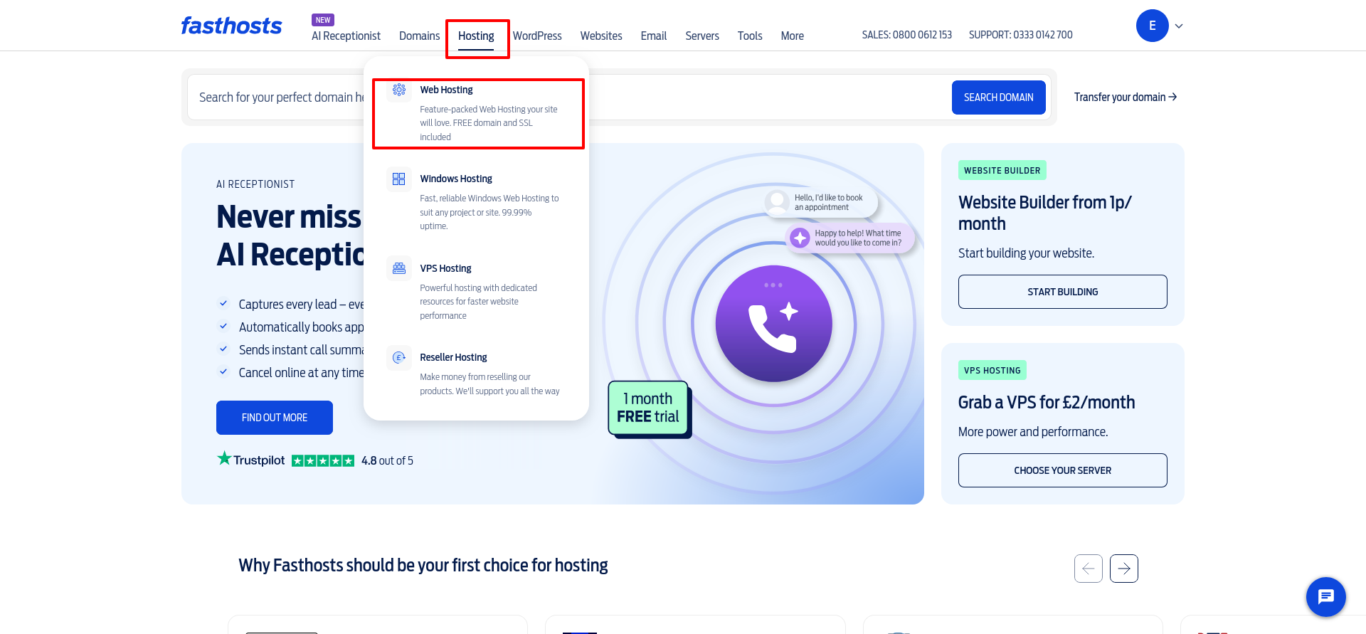 Fasthosts Hosting dropdown showing Web Hosting alongside Windows Hosting, VPS Hosting, and Reseller Hosting.