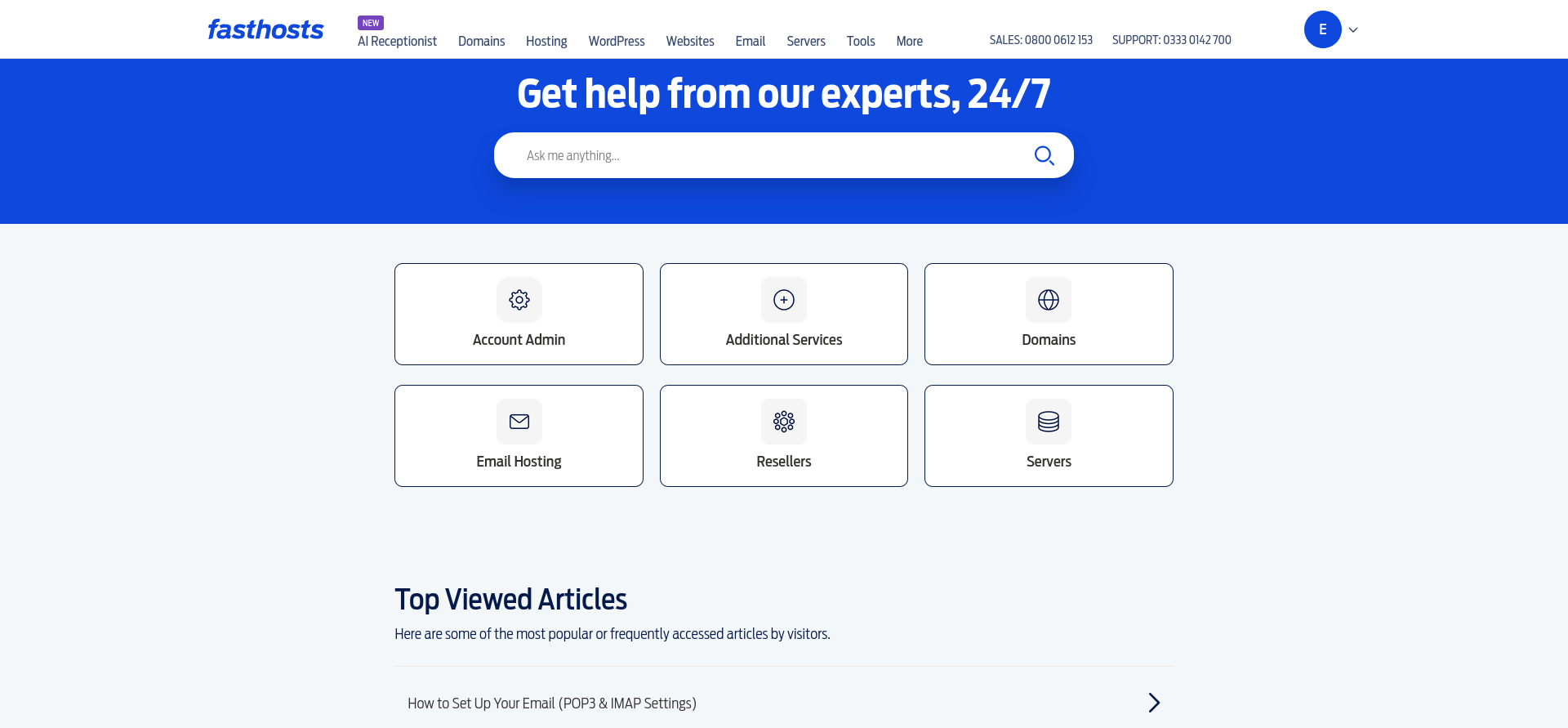 Fasthosts Knowledge Base homepage showing the search bar, support categories, and frequently accessed articles.