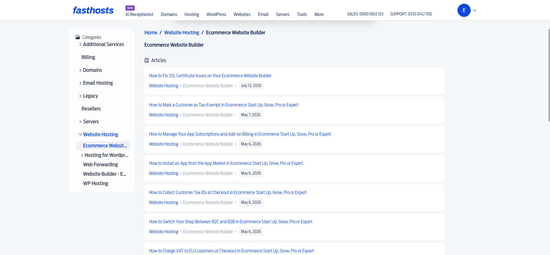 Fasthosts Knowledge Base showing the Ecommerce Website Builder article listings.