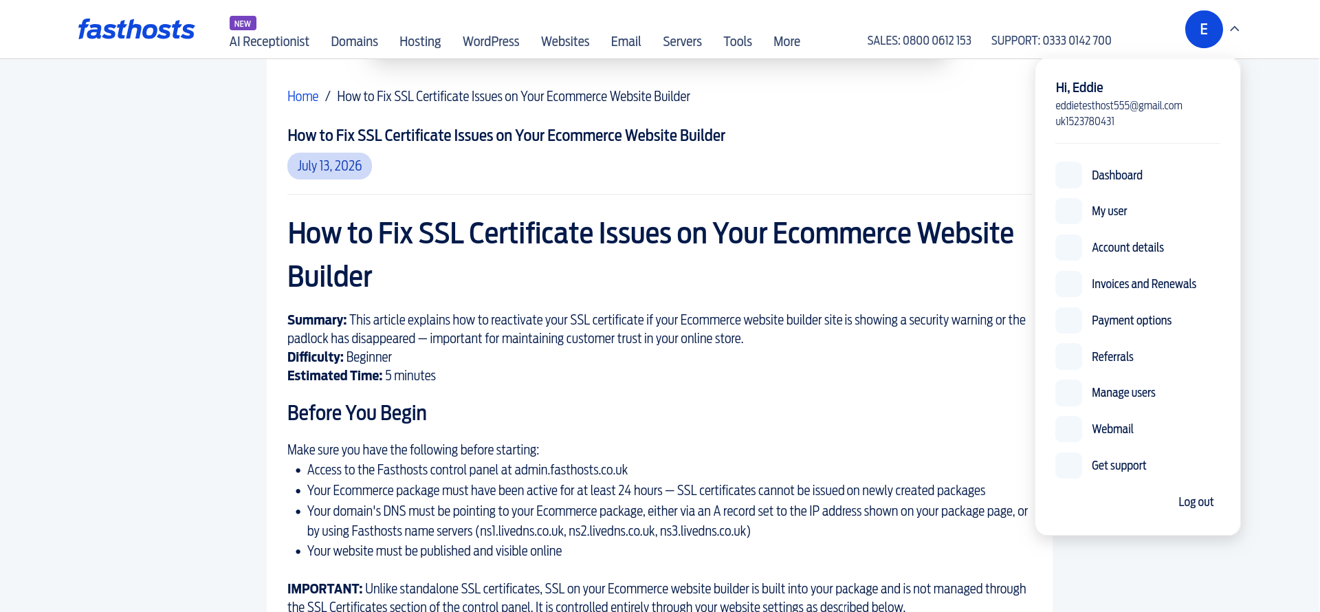 Fasthosts SSL troubleshooting guide showing its difficulty rating, numbered instructions, troubleshooting section, and reader feedback options.