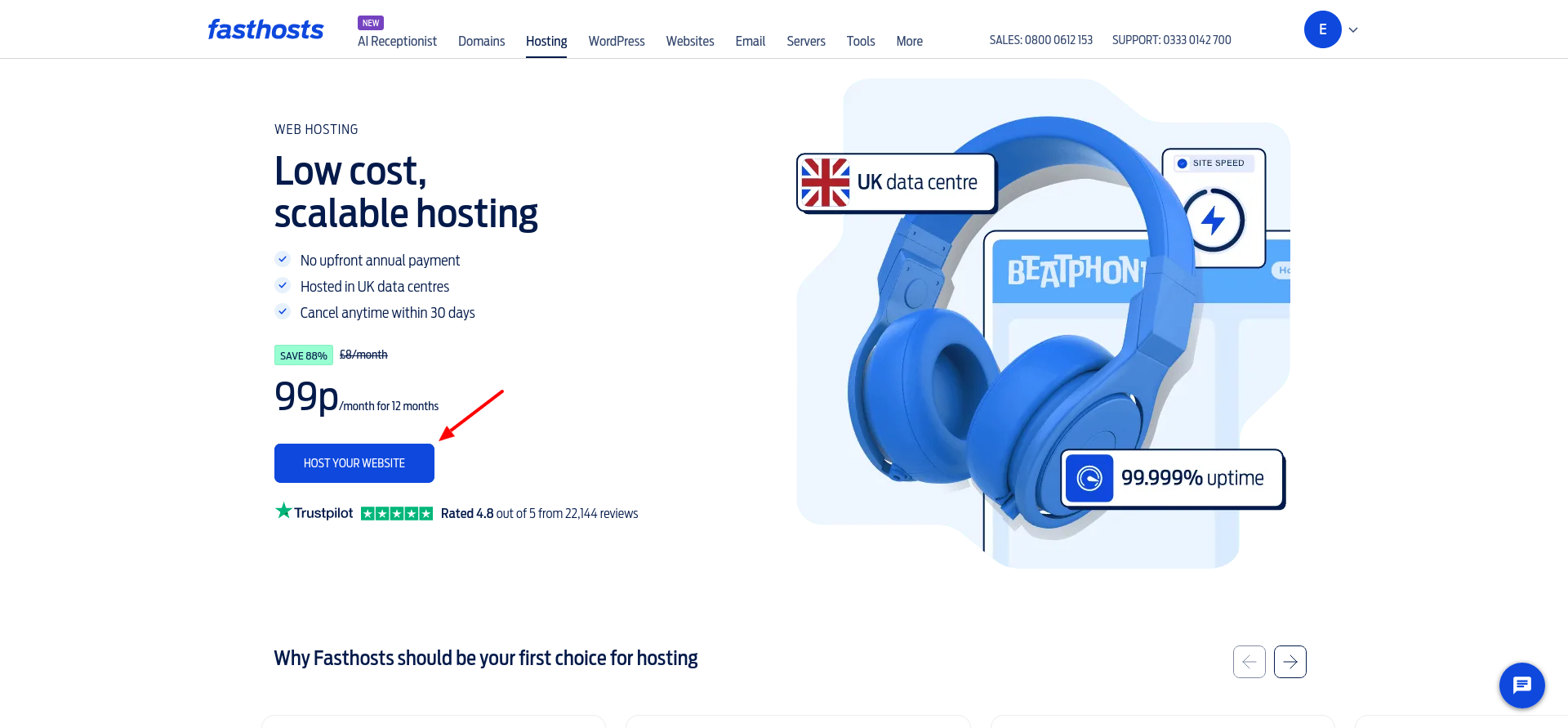 Fasthosts Web Hosting landing page showing the introductory 99p/month offer and Host Your Website button.