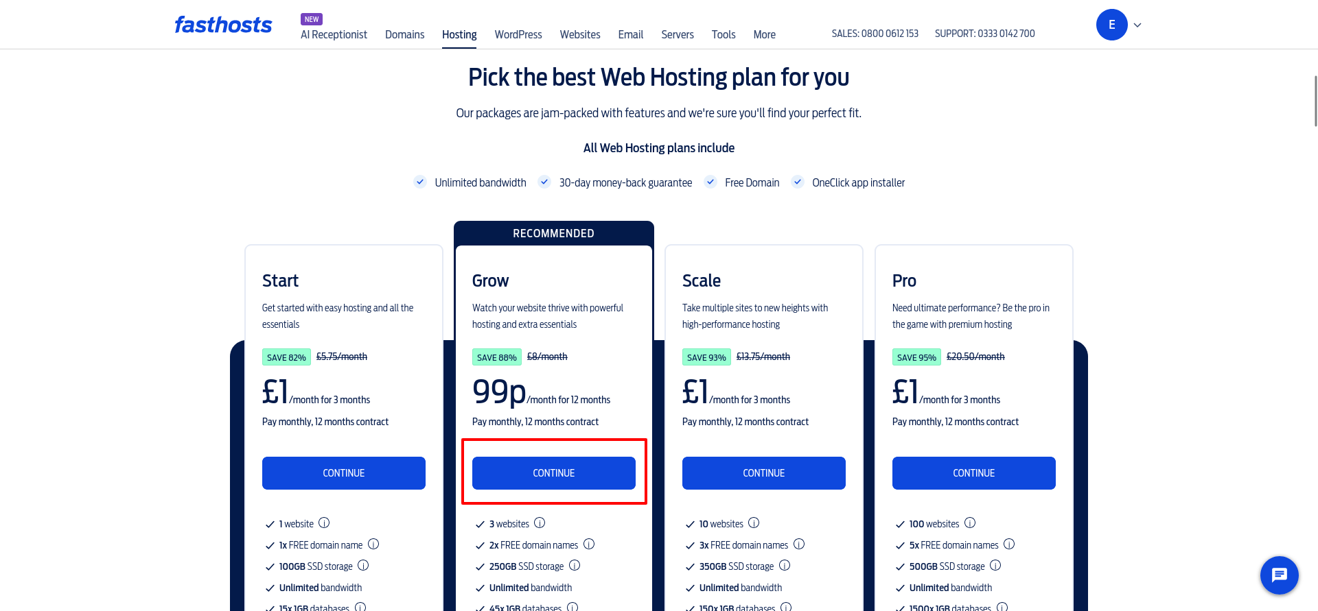 Fasthosts Web Hosting plan comparison showing Start, Grow, Scale, and Pro, with Grow selected at 99p per month for 12 months.