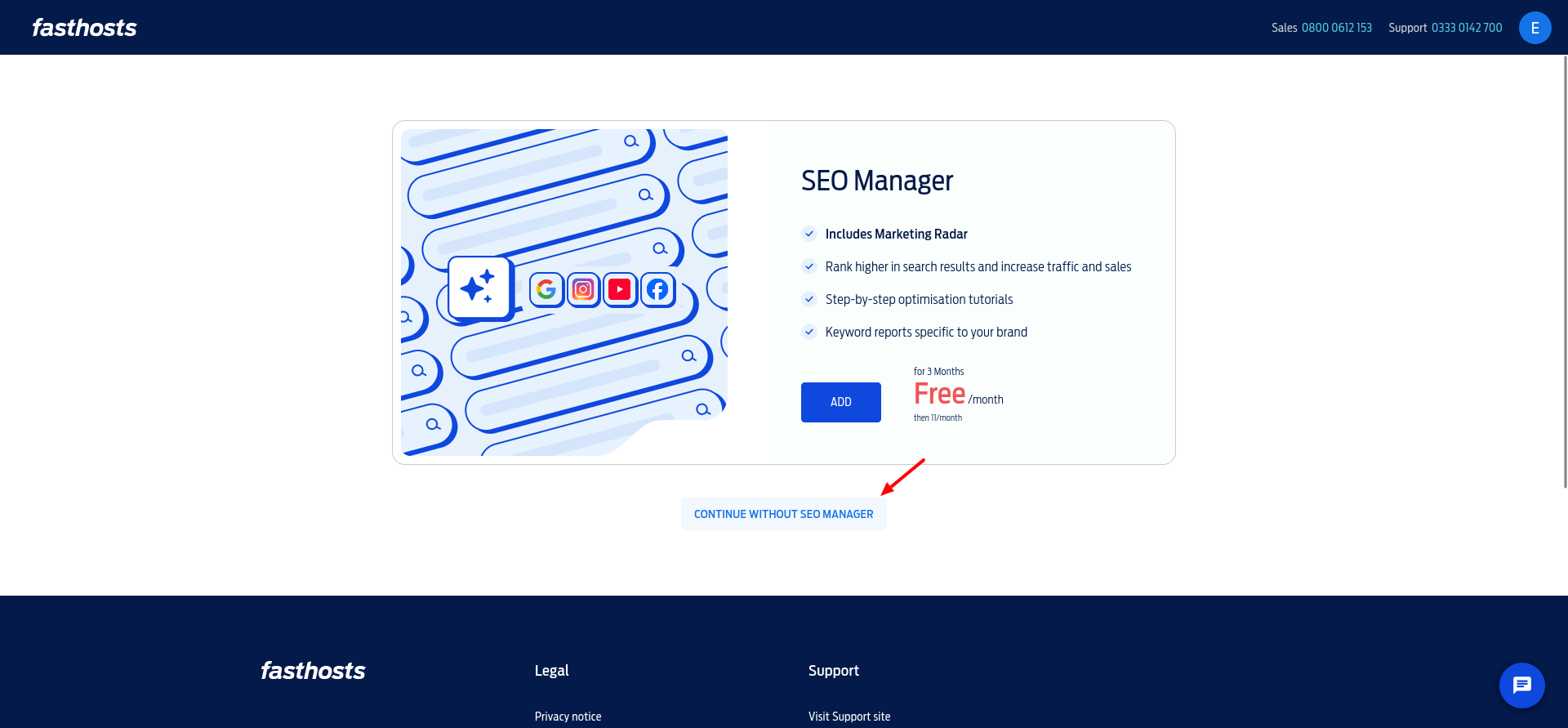 Fasthosts checkout upsell for SEO Manager showing three free months, the subsequent £11 monthly price, and an option to continue without it.