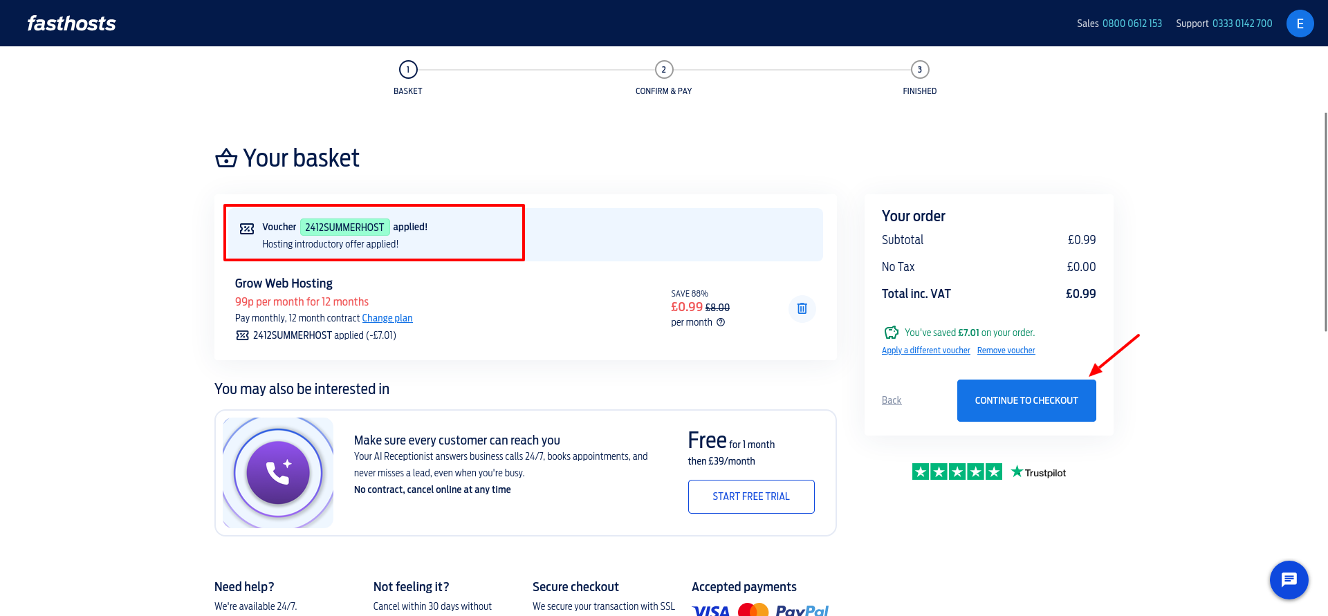 Fasthosts Grow Web Hosting basket showing the applied introductory voucher, £0.99 initial total, 12-month contract, and optional AI Receptionist offer.