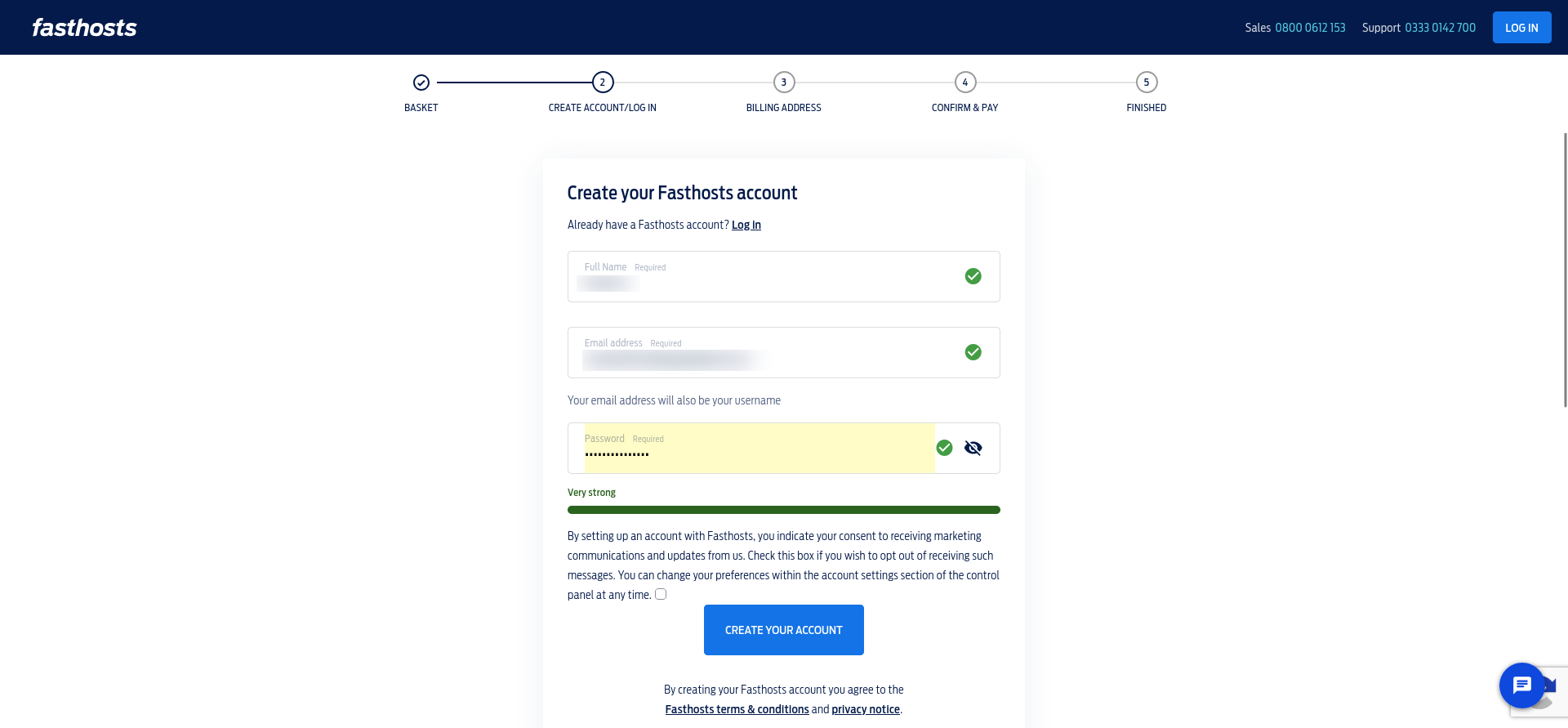 Fasthosts account creation form with name, email, password-strength indicator, and marketing communications opt-out wording.