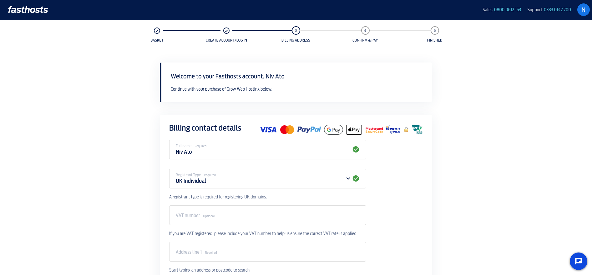Fasthosts billing address screen showing registrant type, contact address, country, phone fields, and checkout progress.