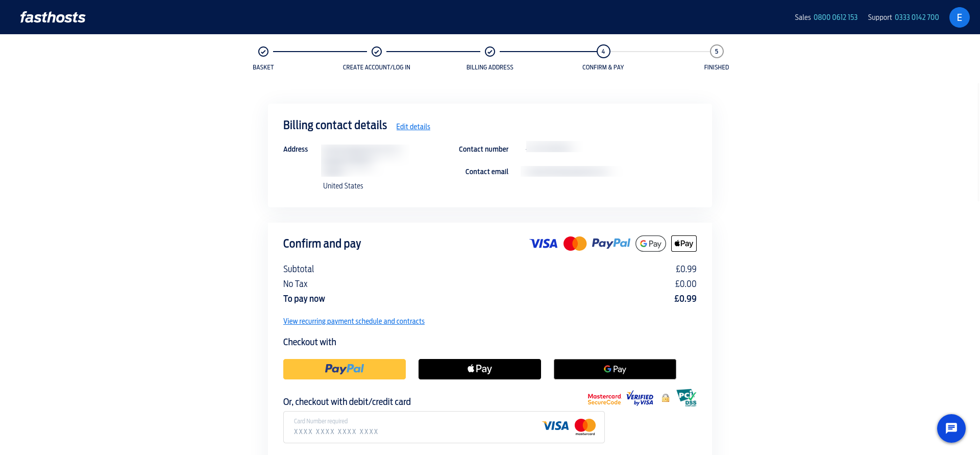 Fasthosts Confirm and Pay page showing the £0.99 amount due, payment methods, and card payment form.