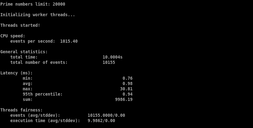 First sysbench CPU benchmark showing 1,015.40 events per second, 10,155 total events, and 0.98ms average latency using one worker.