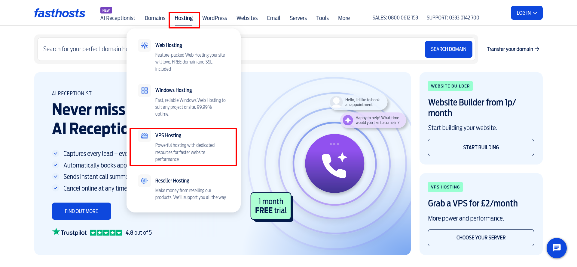 Fasthosts homepage Hosting dropdown showing VPS Hosting alongside Web Hosting, Windows Hosting, and Reseller Hosting.