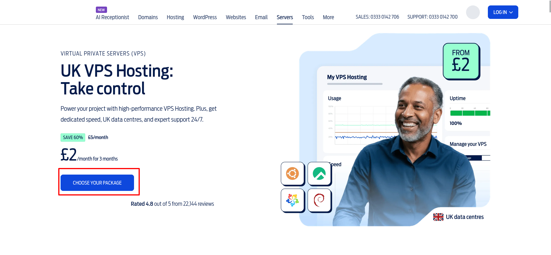Fasthosts VPS landing page promoting UK VPS hosting and its introductory offer, with a Choose Your Package button.