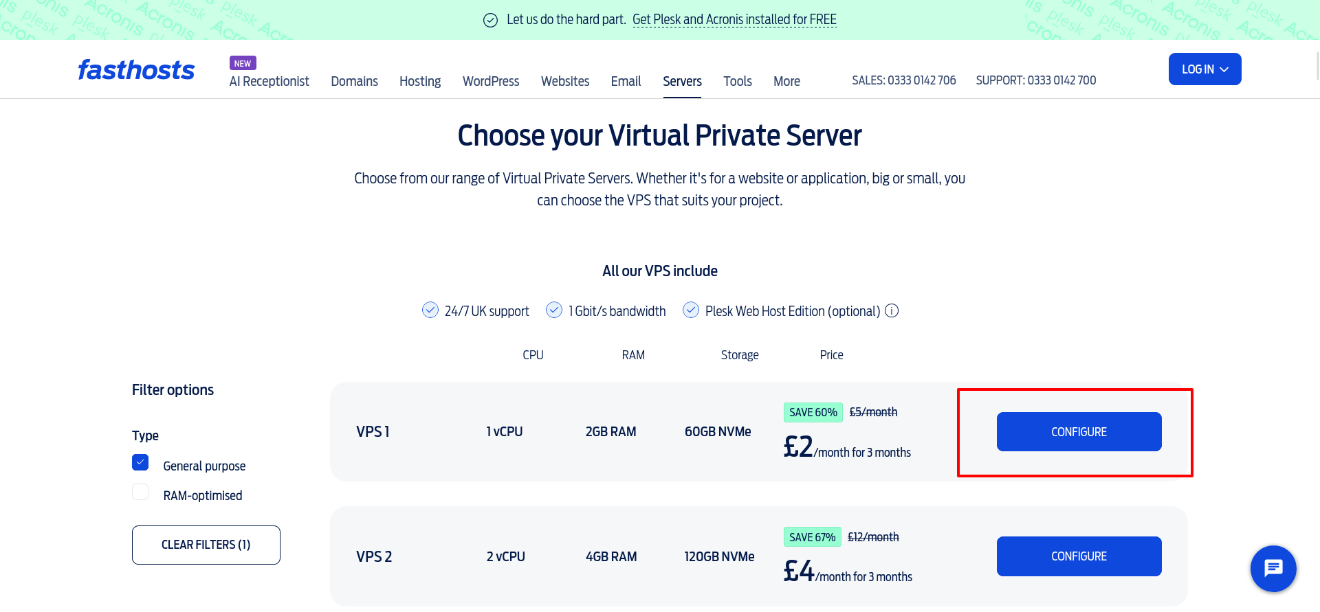 Fasthosts VPS comparison showing General purpose and RAM-optimised filters, VPS 1 and VPS 2 specifications, and Configure buttons.