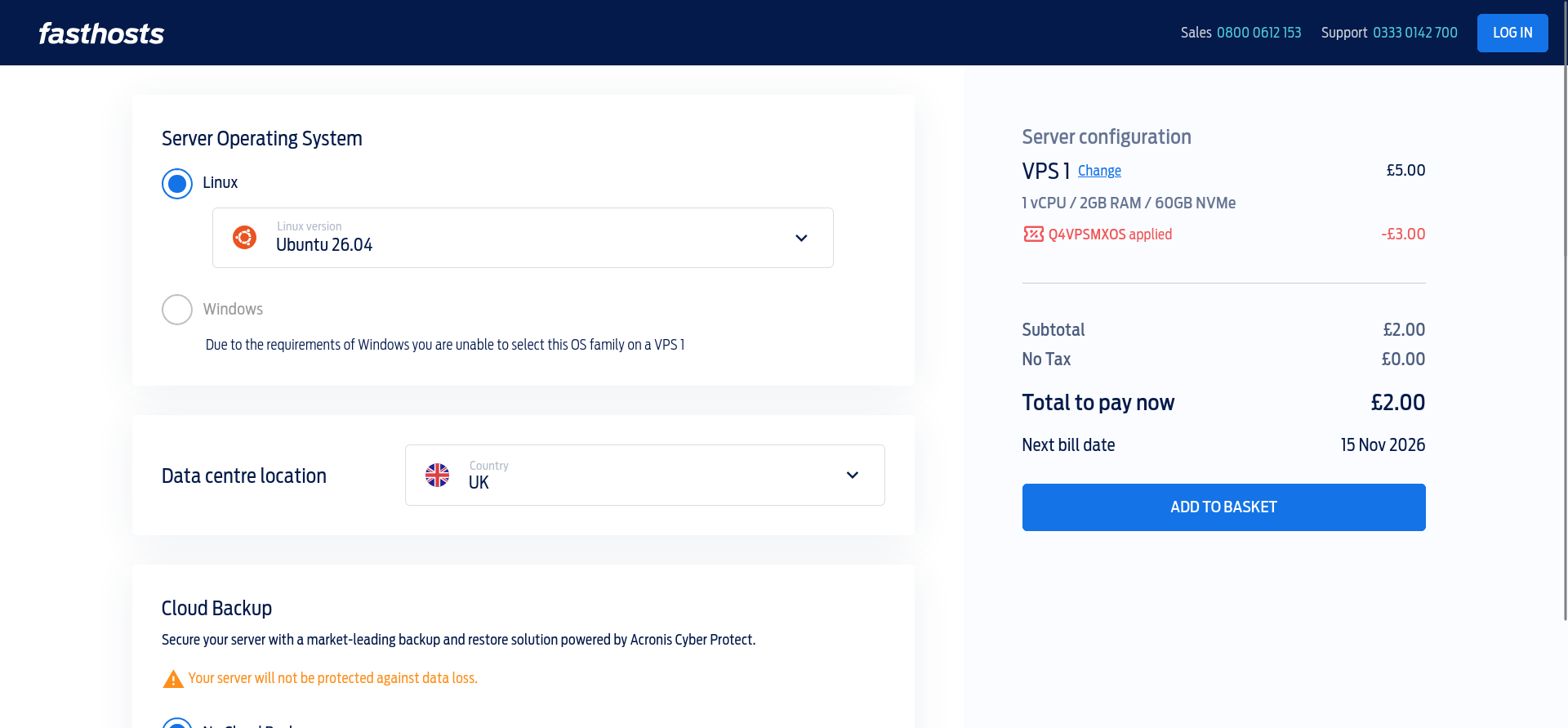 Fasthosts VPS 1 configuration page showing Ubuntu 26.04 selected, Windows unavailable, UK data centre, and an order summary.