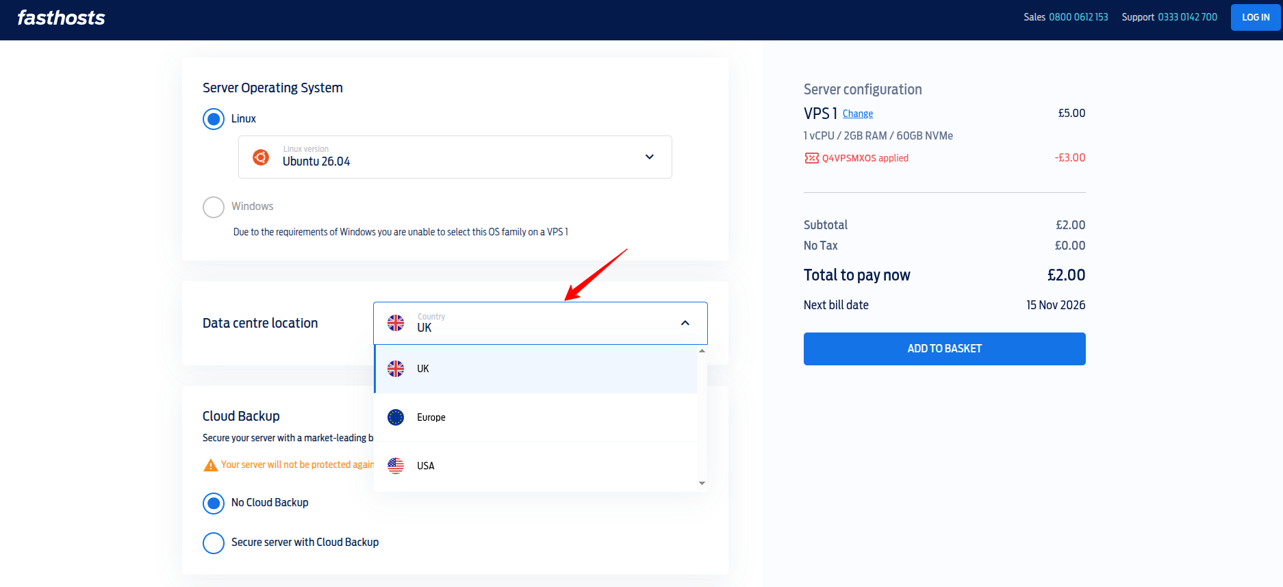 Fasthosts VPS data centre dropdown showing UK, Europe, and USA location choices.