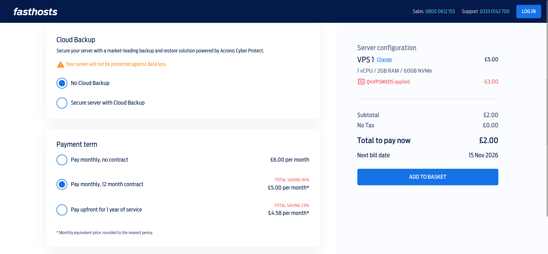 Fasthosts VPS configuration showing optional Acronis Cloud Backup and three billing choices, including monthly no-contract and 12-month terms.
