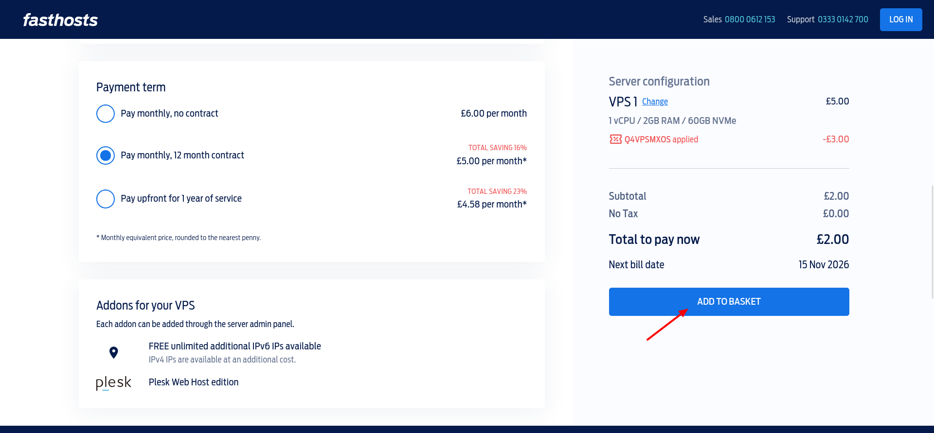 Fasthosts VPS configuration summary showing selected billing term, available add-ons, current total, and Add to Basket.