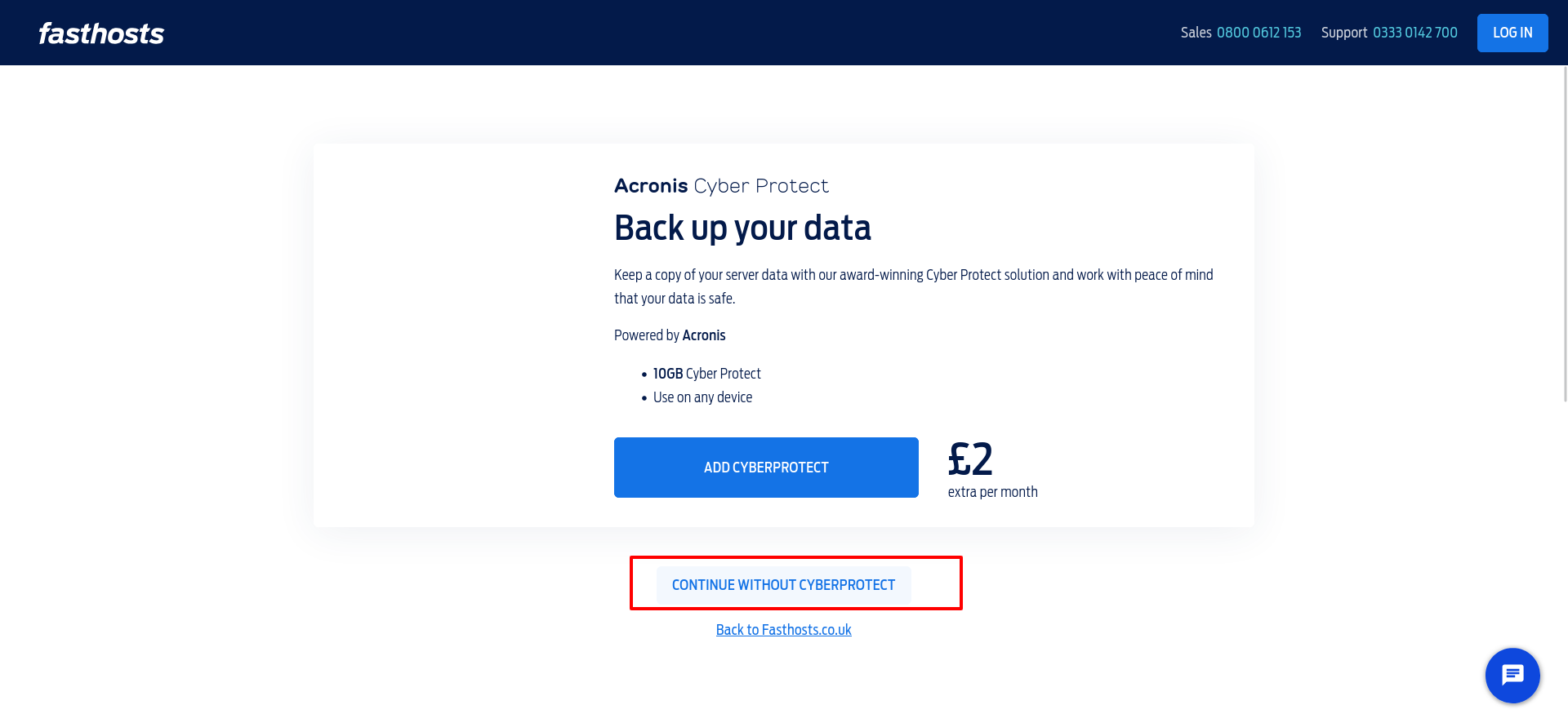 Fasthosts optional Acronis Cyber Protect upsell offering 10GB of backup protection with a Continue Without Cyber Protect button.