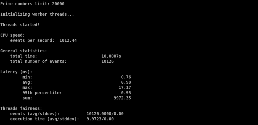Second sysbench CPU run using the VPS 1's single available thread, returning 1,012.44 events per second and 0.98ms average latency.