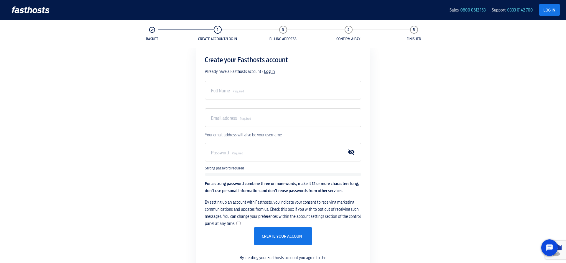 Fasthosts VPS checkout account creation form with full name, email, password requirements, and progress indicator.