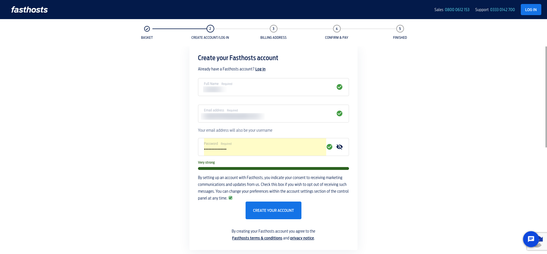 Completed Fasthosts account form showing validated fields, a very strong password indicator, and the marketing communications checkbox.