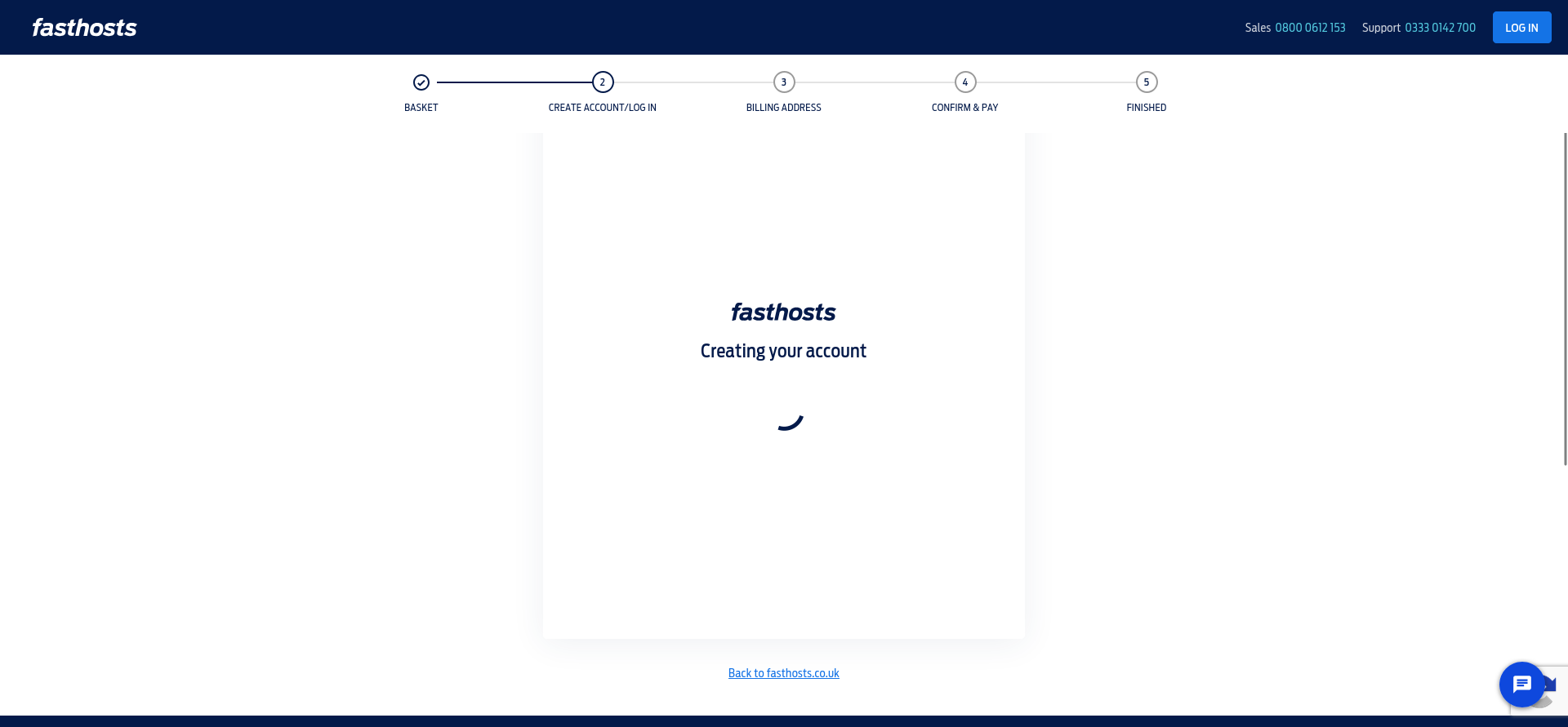 Fasthosts checkout processing screen displaying Creating your account after the registration form was submitted.