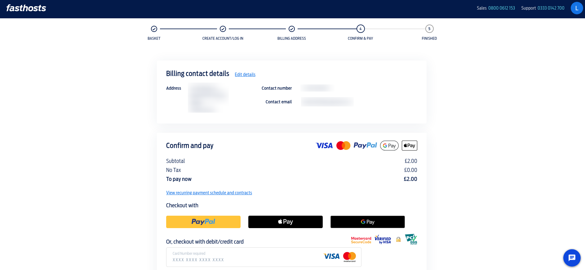 Fasthosts VPS confirm-and-pay screen showing the £2 order total, payment methods, card fields, and recurring payment schedule link.