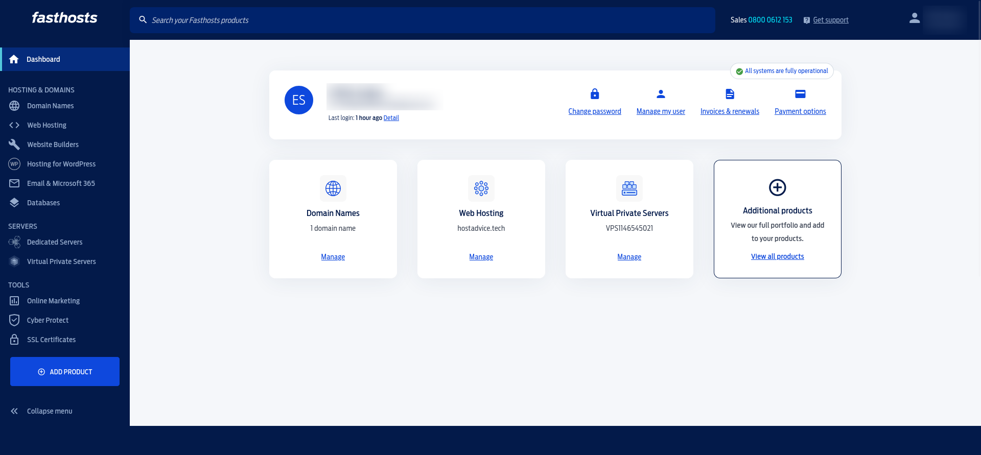 Fasthosts customer dashboard showing account shortcuts, hosting product cards, and left-hand navigation to Virtual Private Servers.