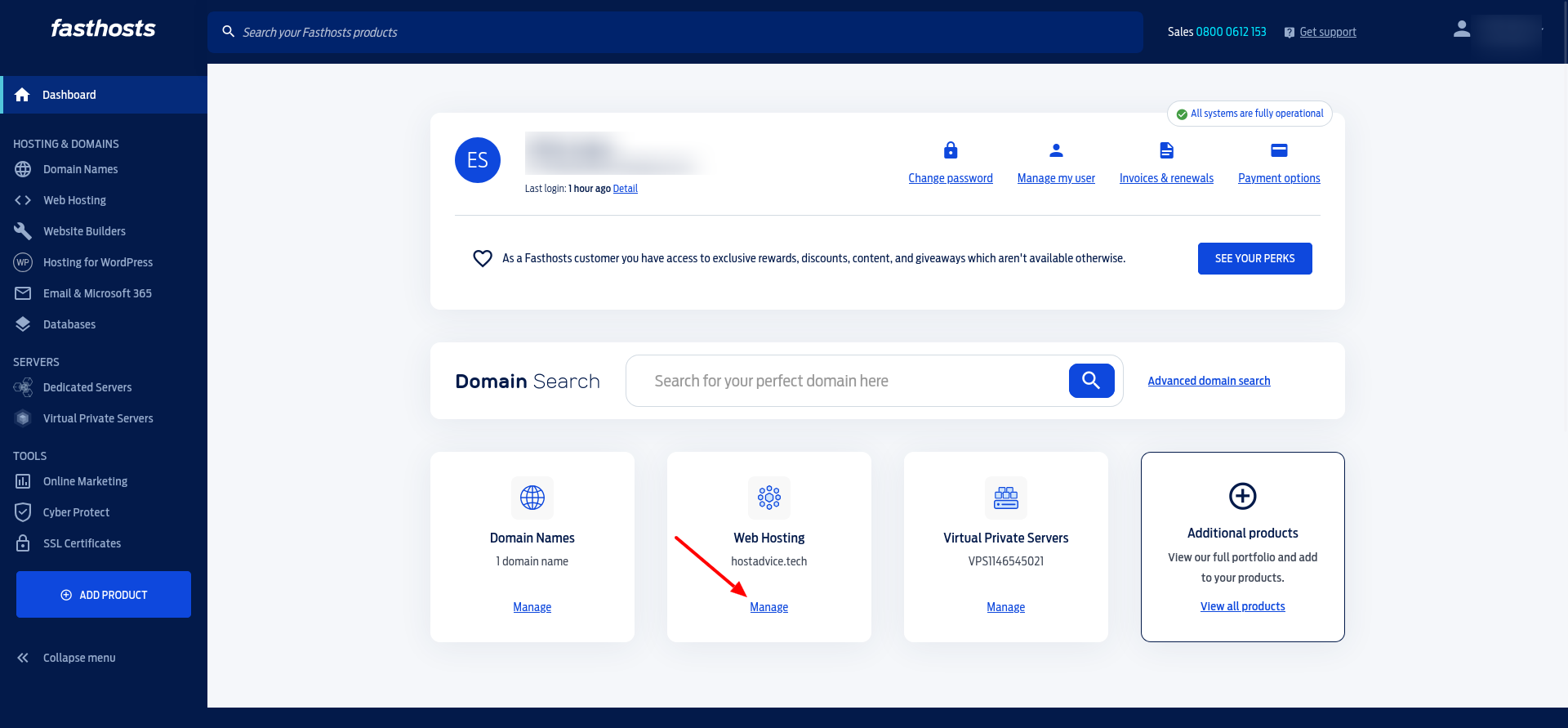 Fasthosts dashboard with the Manage link highlighted on the Virtual Private Servers product card.