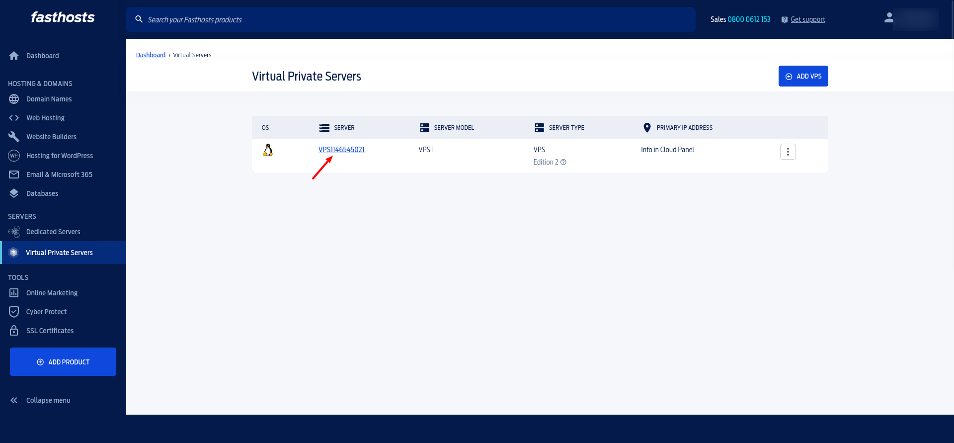 Fasthosts Virtual Private Servers page listing the VPS 1 server, Linux operating system, and primary IP information available through the Cloud Panel.