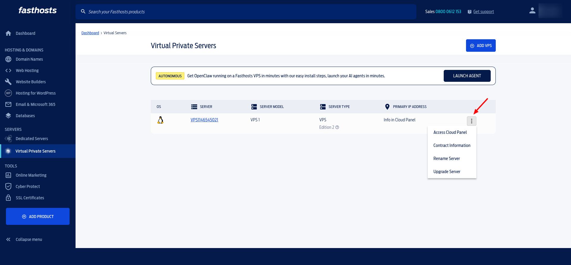 Fasthosts VPS actions menu showing Access Cloud Panel, Contract Information, Rename Server, and Upgrade Server.