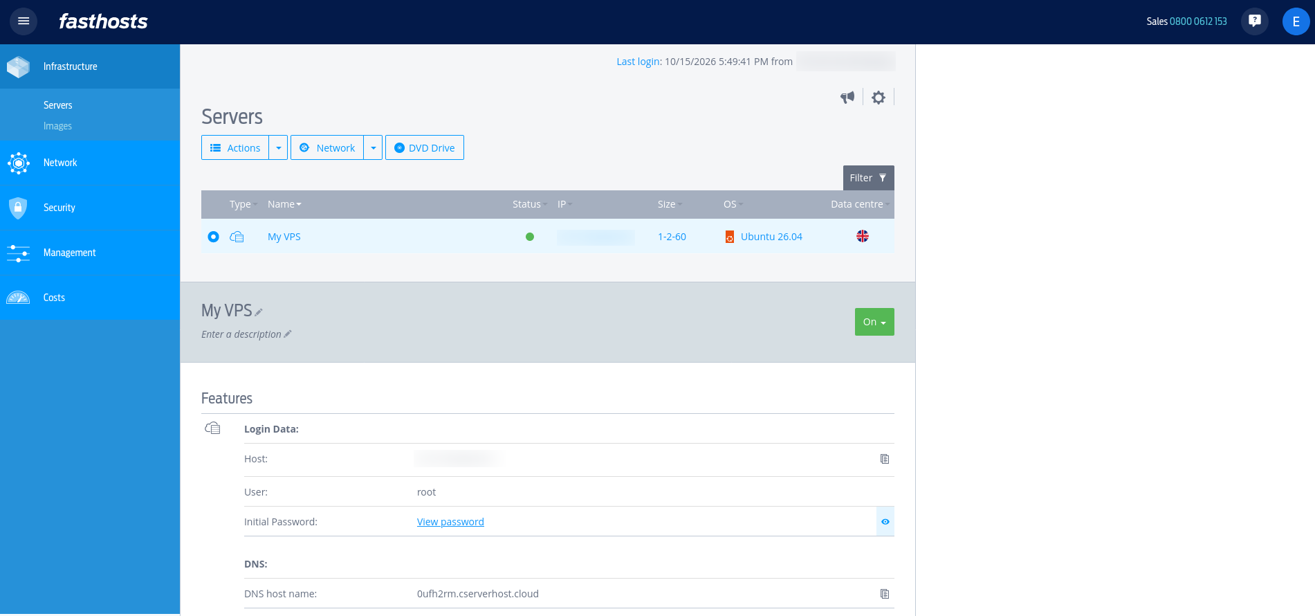 Fasthosts Cloud Panel detailed My VPS screen showing root access details, DNS hostname, Plesk licence option, 1 vCore, 2GB RAM, 60GB NVMe storage, firewall policy, and action history.