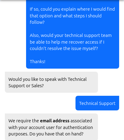 Fasthosts live chat routing a VPS recovery enquiry to Technical Support and requesting account email verification.