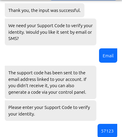 Fasthosts chat requesting a support code by email or SMS and confirming receipt of the entered verification code.